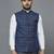 Men blue nehru jacket with golden yellow chex and texture