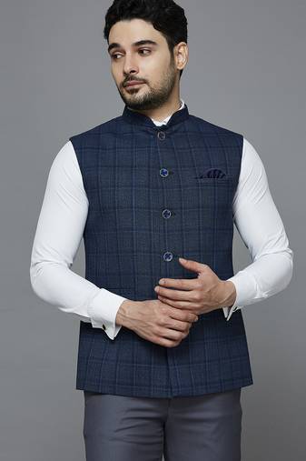 Men blue self design nehru jacket with dark blue chex
