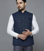 blue self design nehru jacket with dark blue chex