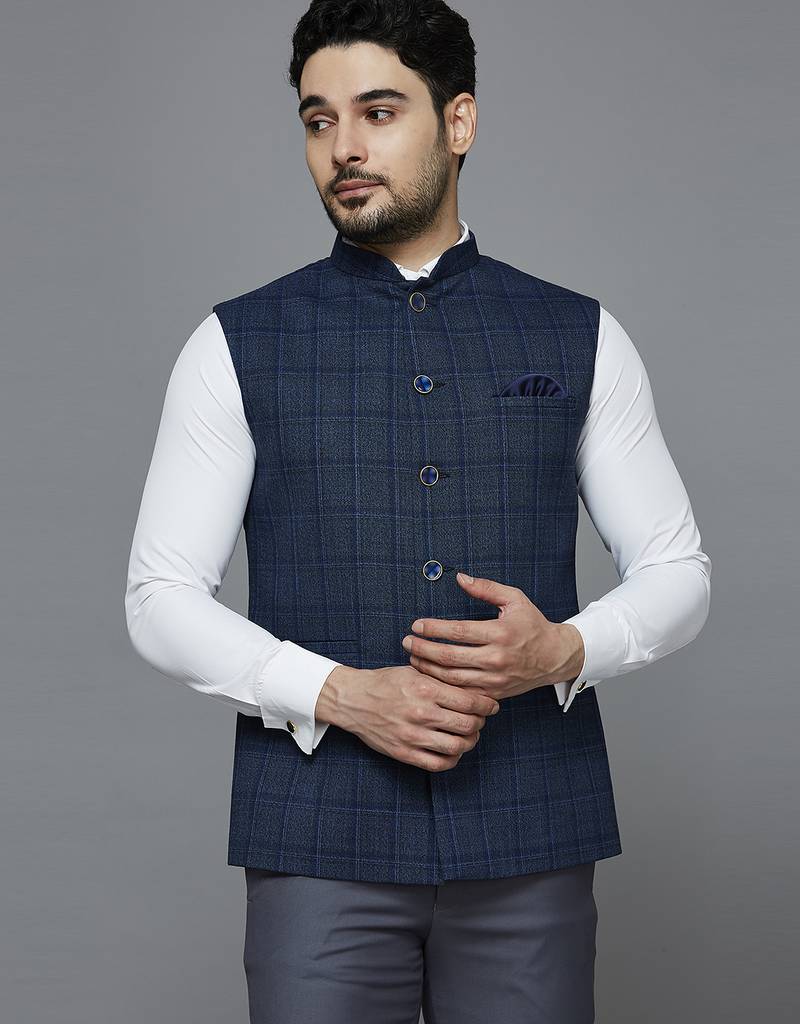 Men blue self design nehru jacket with dark blue chex