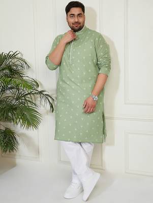 Men's green and white cotton kurta pyjama set 1