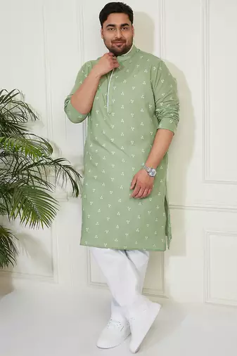 Men's green and white cotton kurta pyjama set