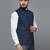 Men blue self design nehru jacket with dark blue chex