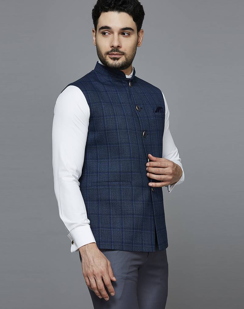 Men blue self design nehru jacket with dark blue chex