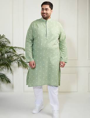 Men's green and white cotton kurta pyjama set 2