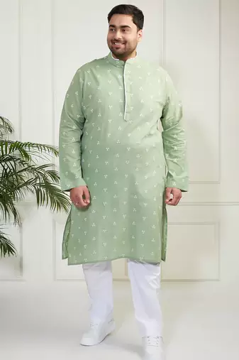 Men's green and white cotton kurta pyjama set