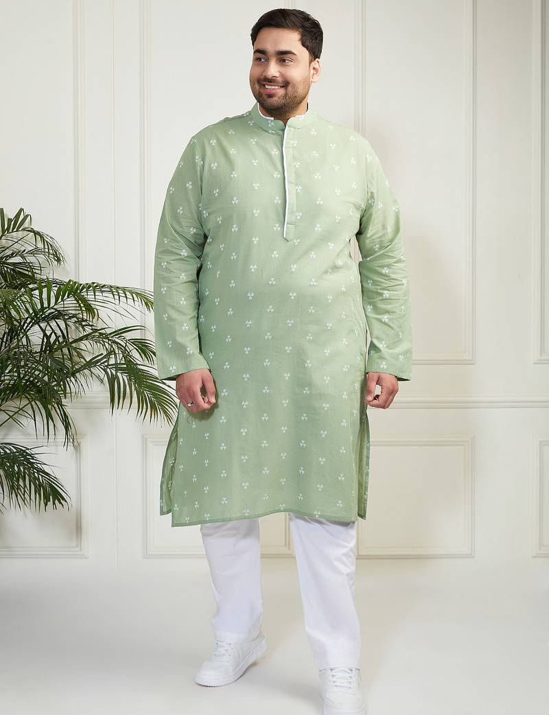 Men's green and white cotton kurta pyjama set