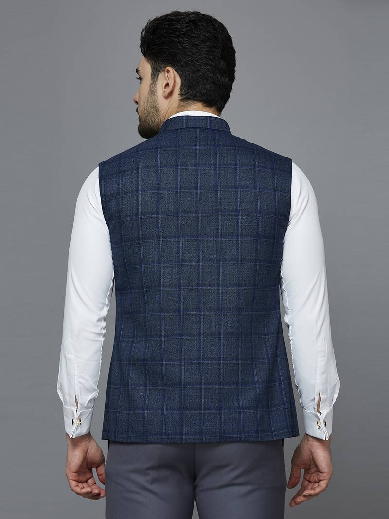 Men blue self design nehru jacket with dark blue chex