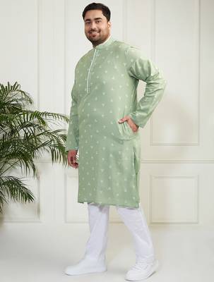 Men's green and white cotton kurta pyjama set 4