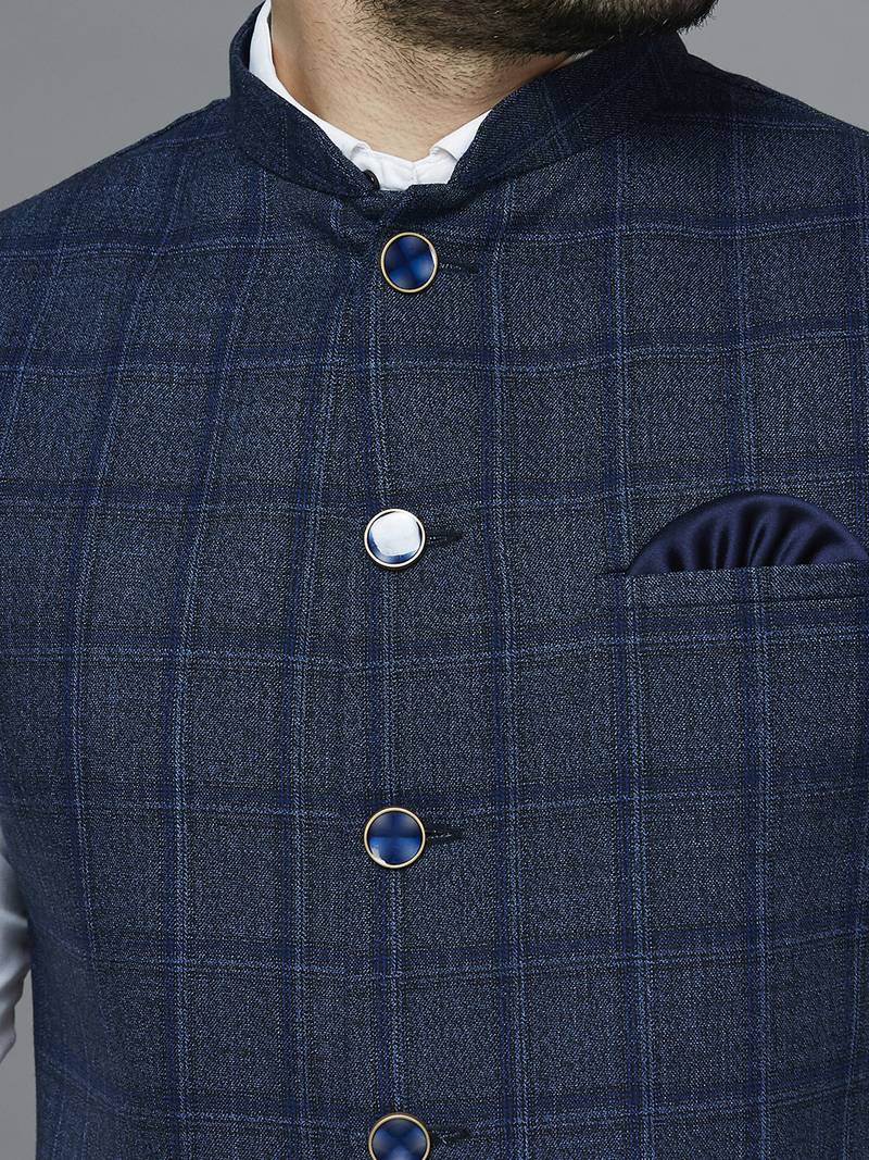 Men blue self design nehru jacket with dark blue chex