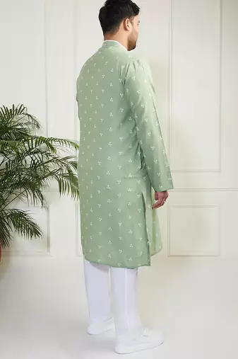Men's green and white cotton kurta pyjama set