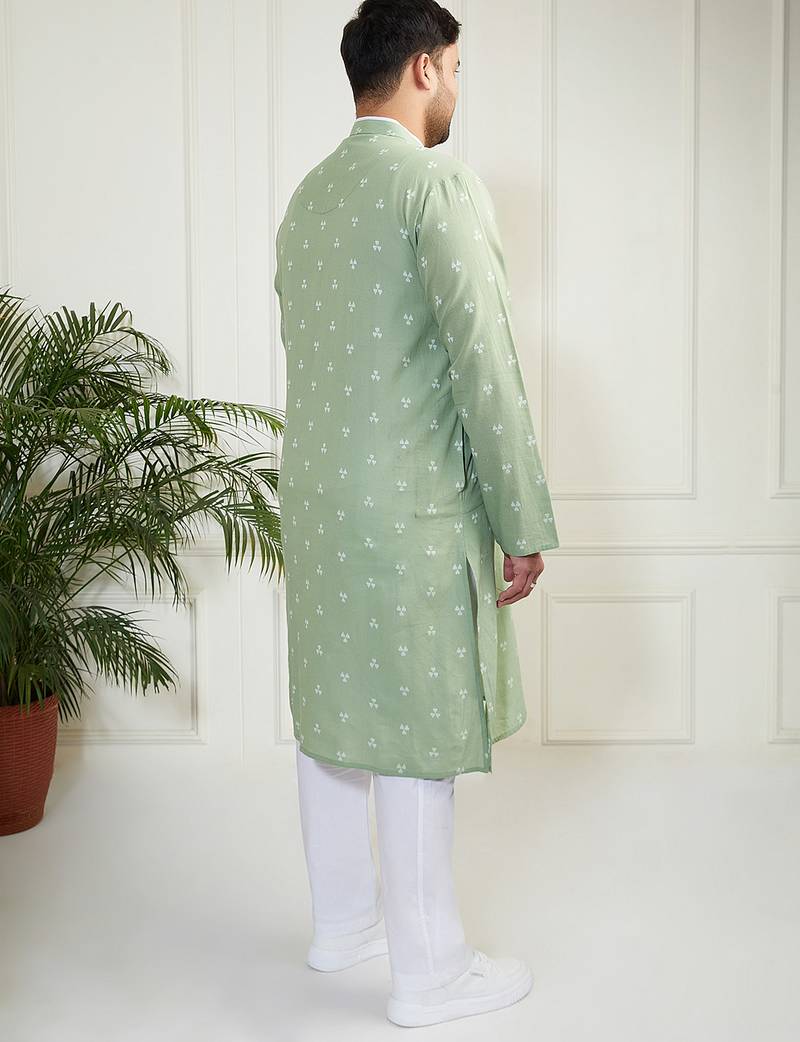 Men's green and white cotton kurta pyjama set