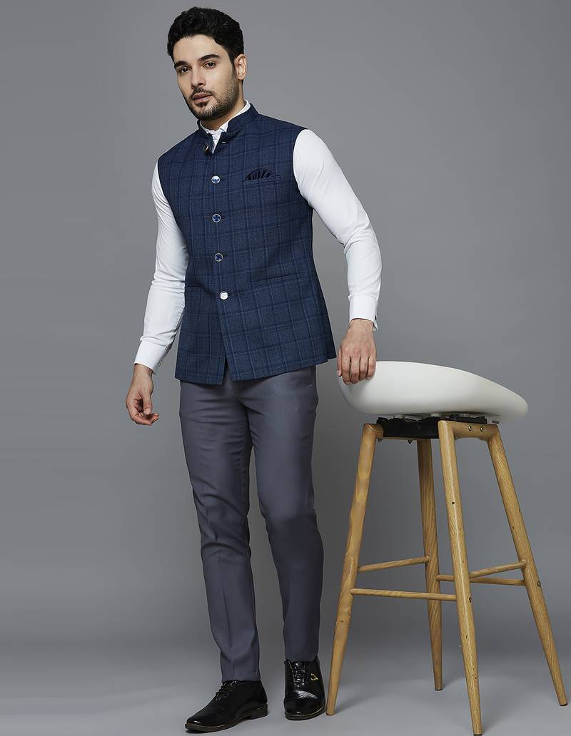 Men blue self design nehru jacket with dark blue chex