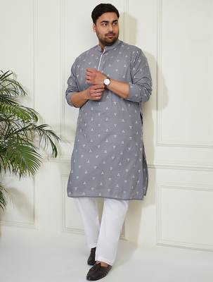 Men's grey and white cotton kurta pyjama set 1