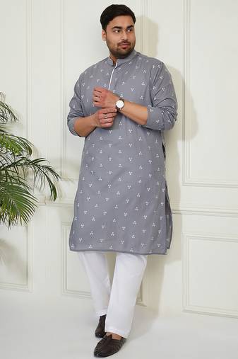 Men's grey and white cotton kurta pyjama set