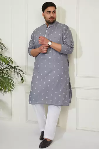 Men's grey and white cotton kurta pyjama set