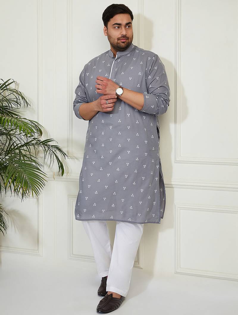 Men's grey and white cotton kurta pyjama set