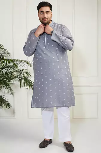 Men's grey and white cotton kurta pyjama set
