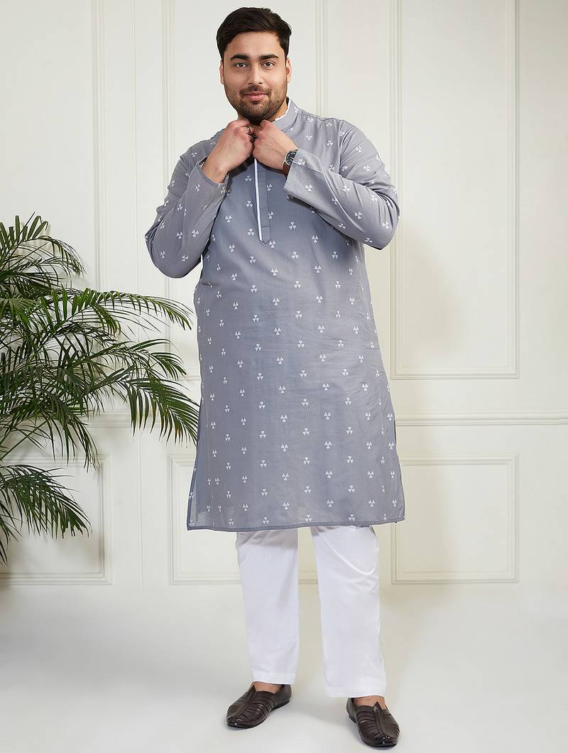 Men's grey and white cotton kurta pyjama set