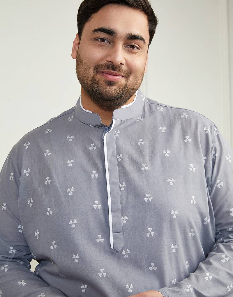 Men's grey and white cotton kurta pyjama set