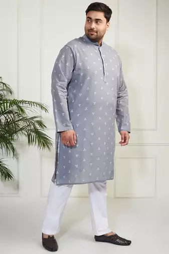 Men's grey and white cotton kurta pyjama set