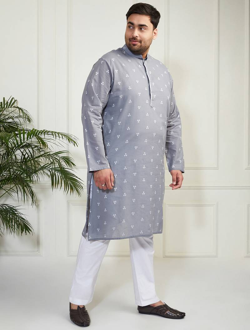 Men's grey and white cotton kurta pyjama set