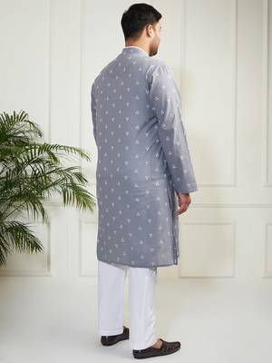 Men's grey and white cotton kurta pyjama set 5