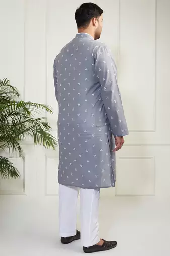 Men's grey and white cotton kurta pyjama set