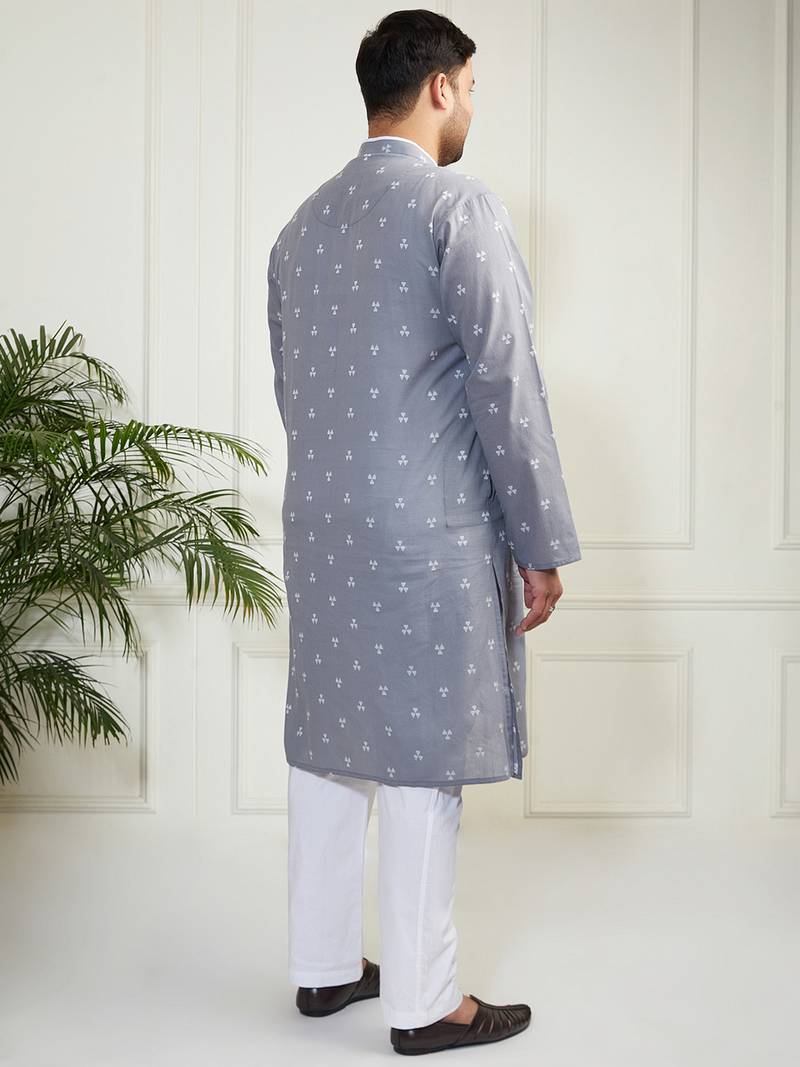 Men's grey and white cotton kurta pyjama set
