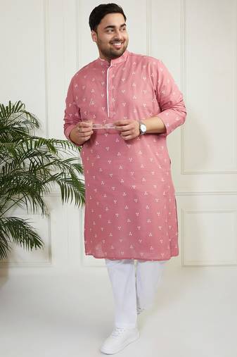 Men's pink and white cotton kurta pyjama set