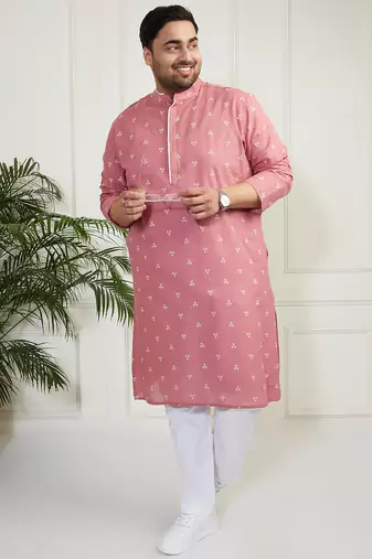 Men's pink and white cotton kurta pyjama set