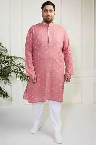 Men's pink and white cotton kurta pyjama set