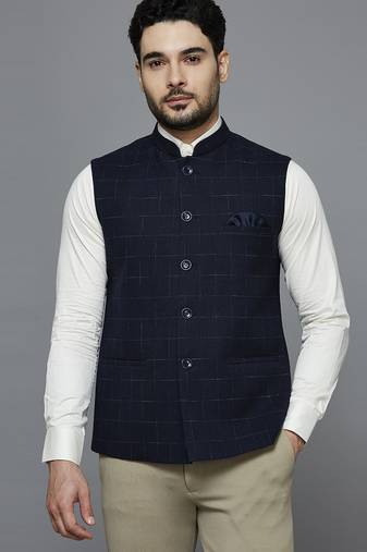 Men navy blue nehru jacket with self yellow chex