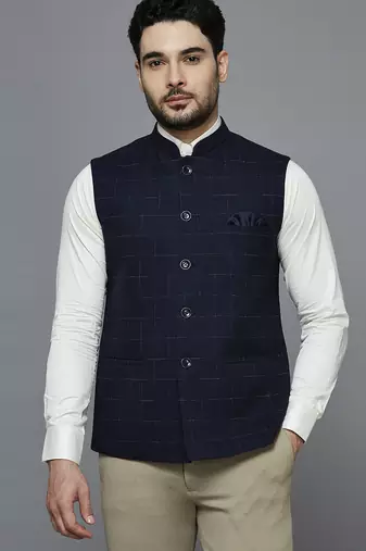 Men navy blue nehru jacket with self yellow chex