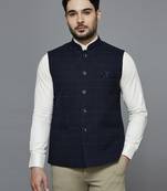 navy blue nehru jacket with self yellow chex