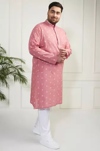 Men's pink and white cotton kurta pyjama set