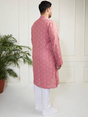 Men's pink and white cotton kurta pyjama set 5
