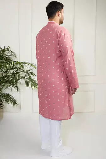 Men's pink and white cotton kurta pyjama set