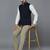 Men navy blue nehru jacket with self yellow chex
