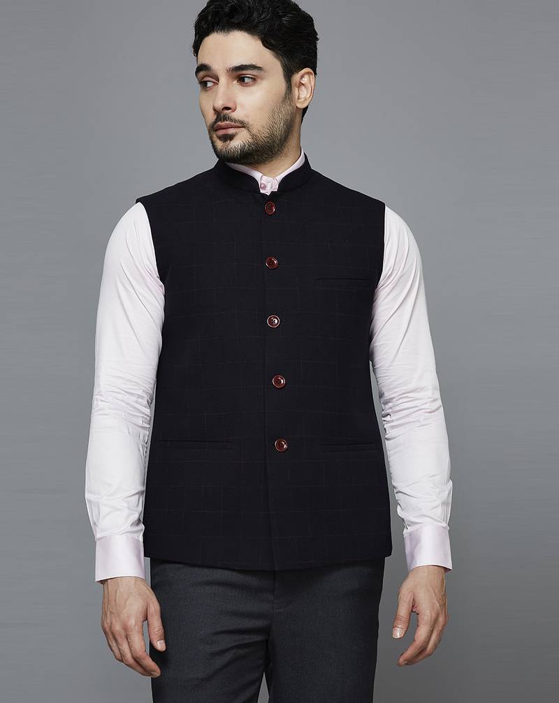 Men Black chex nehru jacket
