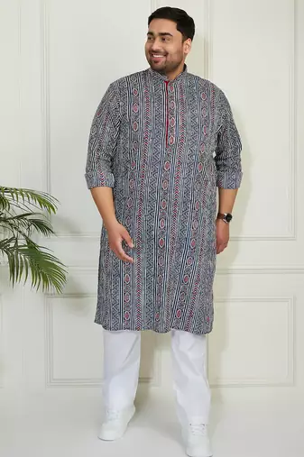 Men's indigo blue white cotton kurta pyjama set