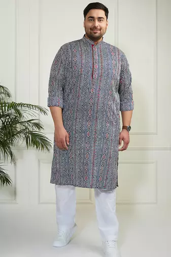 Men's indigo blue white cotton kurta pyjama set