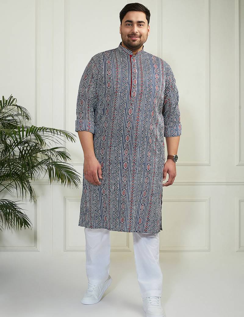 Men's indigo blue white cotton kurta pyjama set