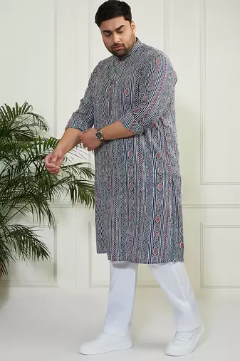Men's indigo blue white cotton kurta pyjama set