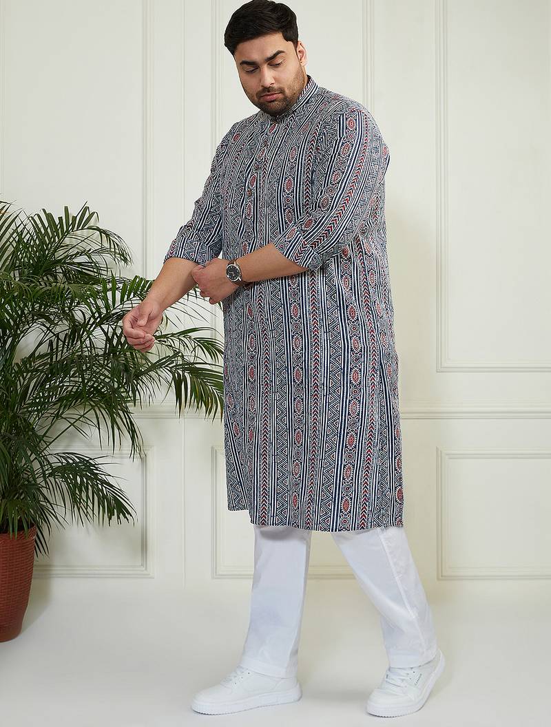 Men's indigo blue white cotton kurta pyjama set