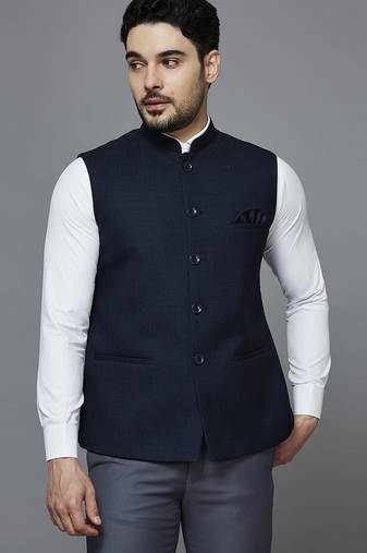 Men self design navy blue nehru jacket
