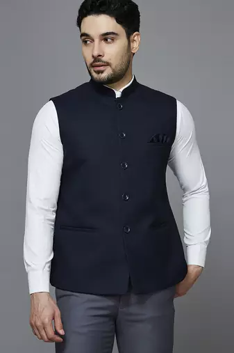 Men self design navy blue nehru jacket