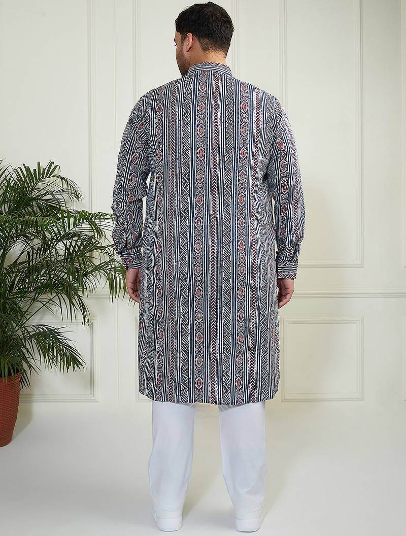 Men's indigo blue white cotton kurta pyjama set