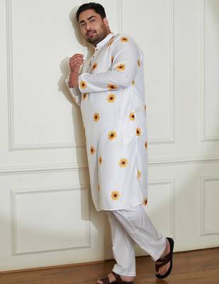 Men's cream cotton blend kurta 5