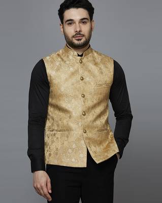 golden ethnic motif jacquard nehru jacket 1